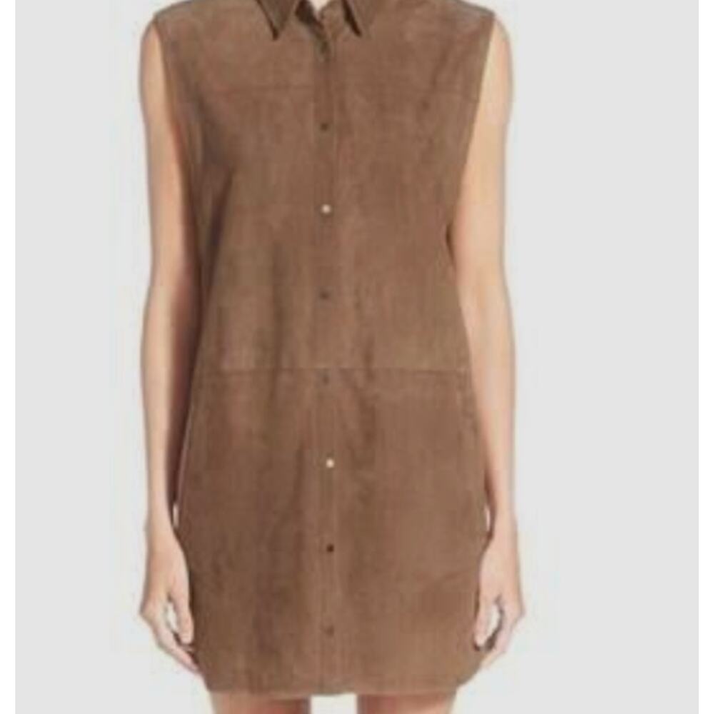Vince Suede Leather Snap Front Tunic Vest‎ Mini Dress Brown Size 6